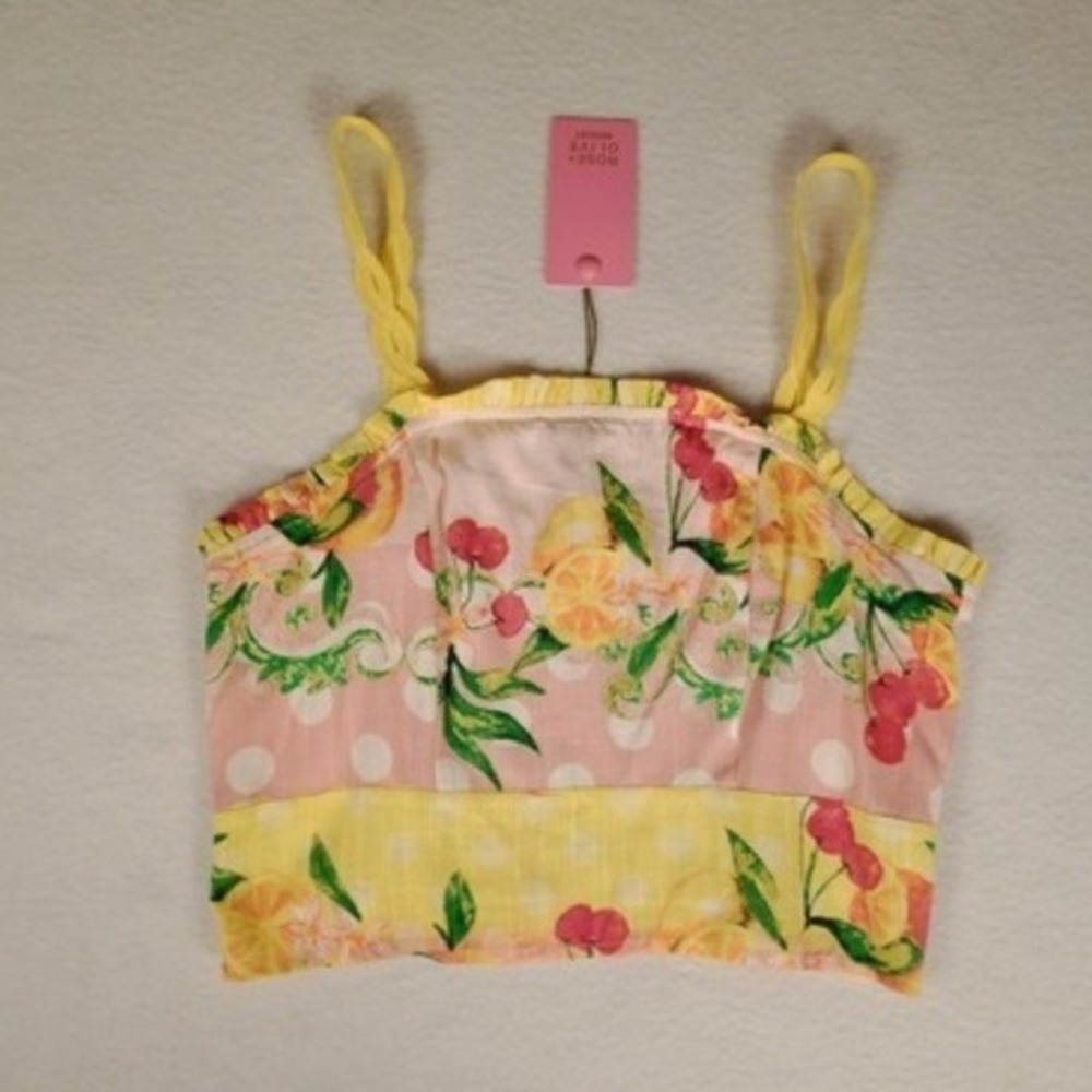 NWT ROSE OLIVE RESORT Fruit Cherry Lemon Smocked Crop Top Tank Yellow‎ Pink S